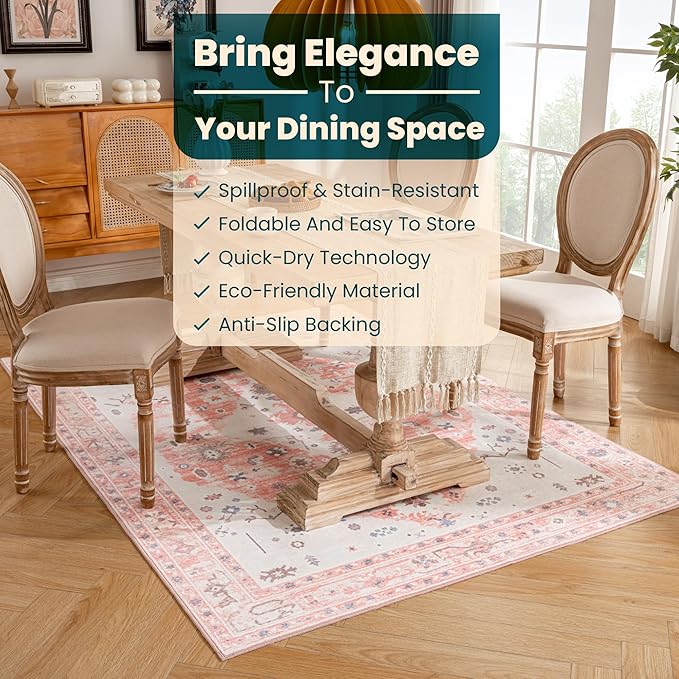 Istana 5x7 Area Rug - Pink Rugs for Living Room 5x7 - Foldable Rugs for Bedroom - Stain Resistant Washable Rug - Eco-Friendly Boho Area Rugs - Easy to Clean Living Room Rug