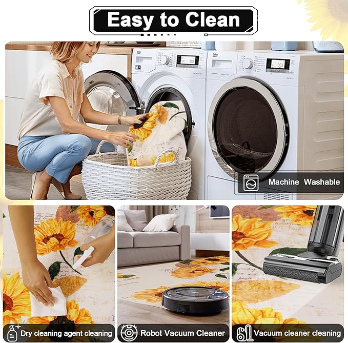 Sunflower Machine Washable Area Rug 4' x 6', Soft Non Slip Botanical Accent Floral Indoor Rugs, Vintage Rugs for Living Room Bedroom Floor Carpet Yoga Mat Home Office
