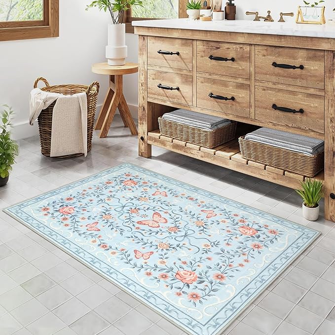 GarveeHome 2x3 Floral Area Rug Non Slip Entryway Mat Low Pile Stain Resistant Butterfly Kitchen Rugs Soft Small Throw Carpet for Dining Room Bedroom Washable Bow Rugs for Living Room Bathroom, 2x3