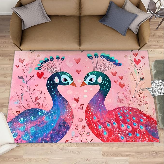 Cartoon Peacock Rug Large - 8x10 Rug, Colorful Peacock Washable Rugs for Living Room, Floral Botanical Carpet, Boho Non-Slip Area Rugs for Bedroom, Peafowl Carpet - Peafowl Home Decor & Gifts