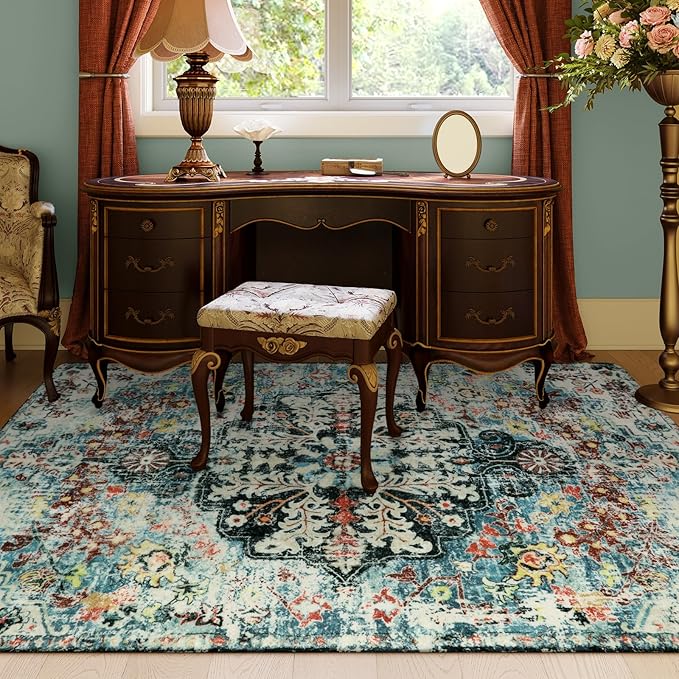 Lahome Bohemian Floral Medallion Area Rug - 5x7 Teal Large Washable Rugs for Living Room Soft Rugs for Bedroom, Turkish Non Slip Indoor Throw Carpet for Apartment Dining Room Entry Way
