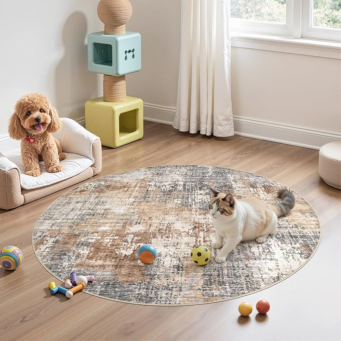 4ft Round Area Rug Living Room Rugs - 4x4 Washable Large Soft Indoor Neutral Modern Abstract Low Pile Rug Carpet for Bedroom Dining Room Farmhouse Home Office - Grey Brown