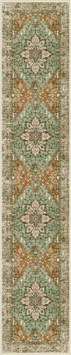 Area Rugs 2'6''x12' Washable Non-Slip, Floral Vintage Distress Print Pattern Medallion Carpet for Living Room Bedroom Dining Room, Brick Red Rust Neutral Brown Burnt Orange Green