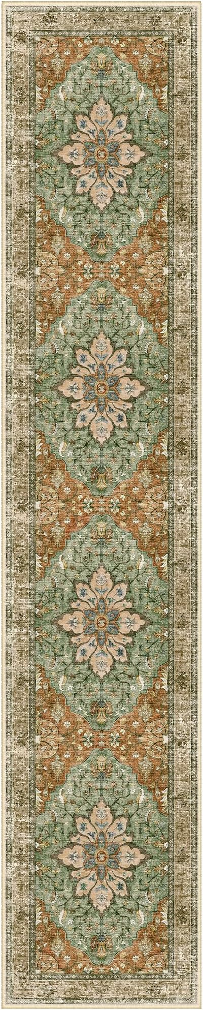 Area Rugs 2'6''x12' Washable Non-Slip, Floral Vintage Distress Print Pattern Medallion Carpet for Living Room Bedroom Dining Room, Brick Red Rust Neutral Brown Burnt Orange Green