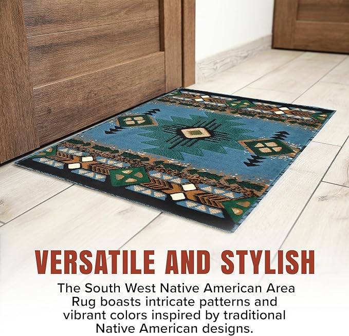 YHSF South West Native American Area Rug C318 - Easy Clean, Thick, Soft, Durable Native Tribal American Indian Inspired Rug for Bedroom/Living Room and More - Blue-Green, 2 Feet x 3 Feet 4 Inches