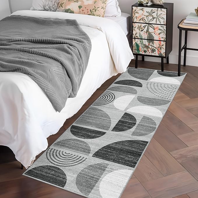 MUJOO Runner Rug Washable,2x6 Area Rugs for Hallways Kitchen Bathroom Bedroom Entryway,Non Slip Carpet Long Mat Indoor,Boho Soft Modern Abstract Black and Grey
