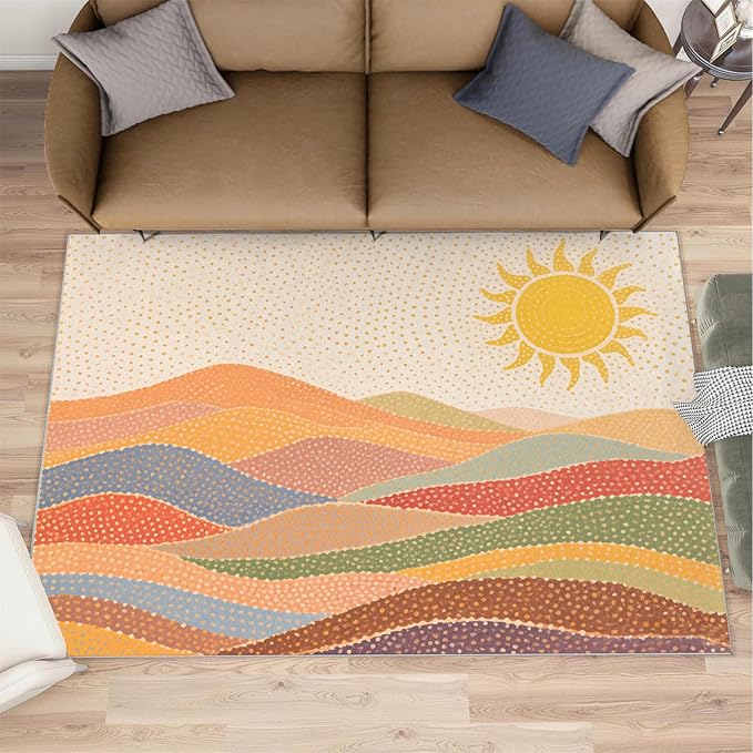 Boho Sun Runner Rugs 2x4ft, Mosaic Sunburst Small Entryway Mats, Dotted Gradient Hills Laundry Room Rug Non Slip Durable Throw Rugs for Front Door Bedroom Bedside