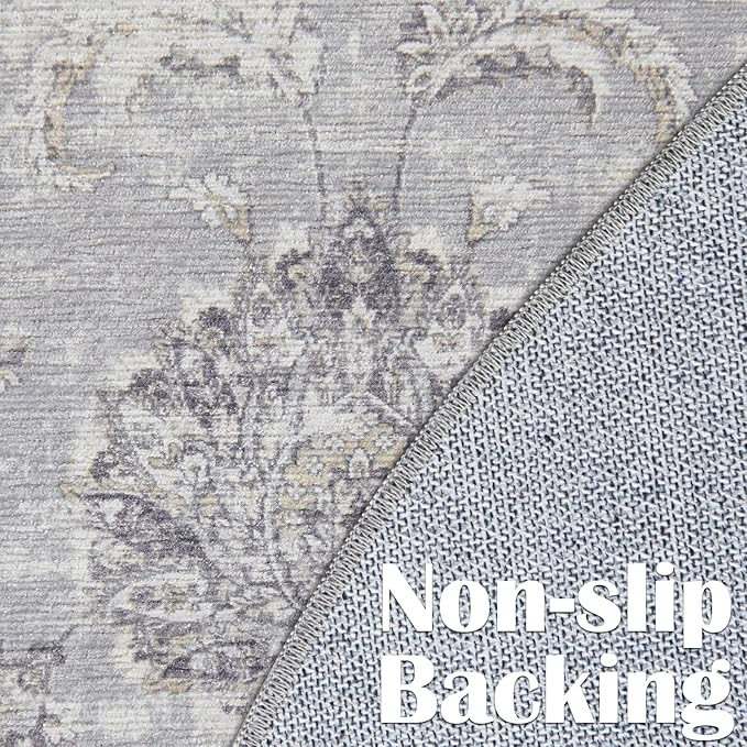 jinchan Fiora Round Rug 7ft Area Rugs - Vintage Floral Distressed Design Machine Washable Non-Slip Low-Pile Ultra-Thin Circle Rug for Living Room Dining Room Bedroom Farmhouse (7' Round, Grey)
