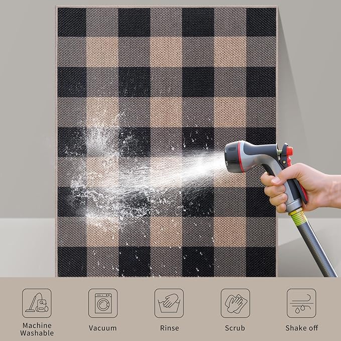 Tangsoo Checkered 4x6 Washable Easy Jute Area Rug for Patio,Non-Slip Black Grey Indoor Outdoor Rug,Modern Throw Mat Ultra Thin Carpet for Front Porch Kitchen Bedroom Foyer