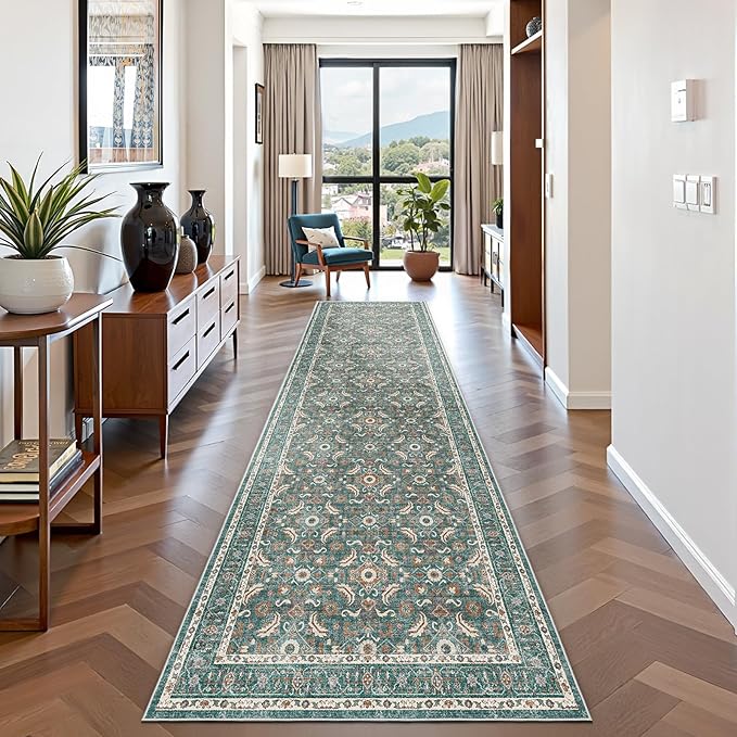 WITSHOCK Washable 3x10 Long Runners Rugs for Hallways,Vintage Neutral Hallway Rugs for Entryway Kitchen Bedroom,Vintage Farmhouse Home Decor(Teal Blue,3x10)