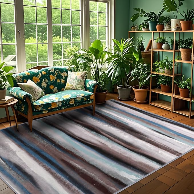 Abstract 5x7 Area Rug, Modern Stripe Pattern Teal Rugs for Living Room, Washable Soft Large Non-Slip Floor Carpet for Dining Room Office Bedroom - Blue/Brown/Multi