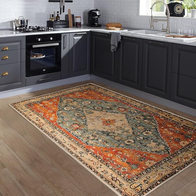 COMSLE Boho Area Rug, 3' x 5' Machine Washable Rugs for Entryway Faux Wool Large Rugs Distressed Throw Rug Non-Slip Floor Carpet for Indoor Bedroom Kitchen Living Room