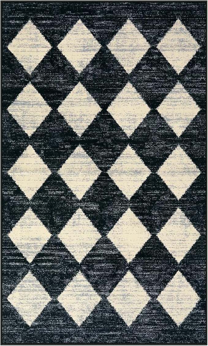 Lahome Moroccan Trellis Area Rug - 3x5 Washable Black Entry Rug Non Slip Living Room Mat, Distressed Lattice Soft Stain Resistance Indoor Throw Carpet for Front Door Foyer Bedroom Bathroom