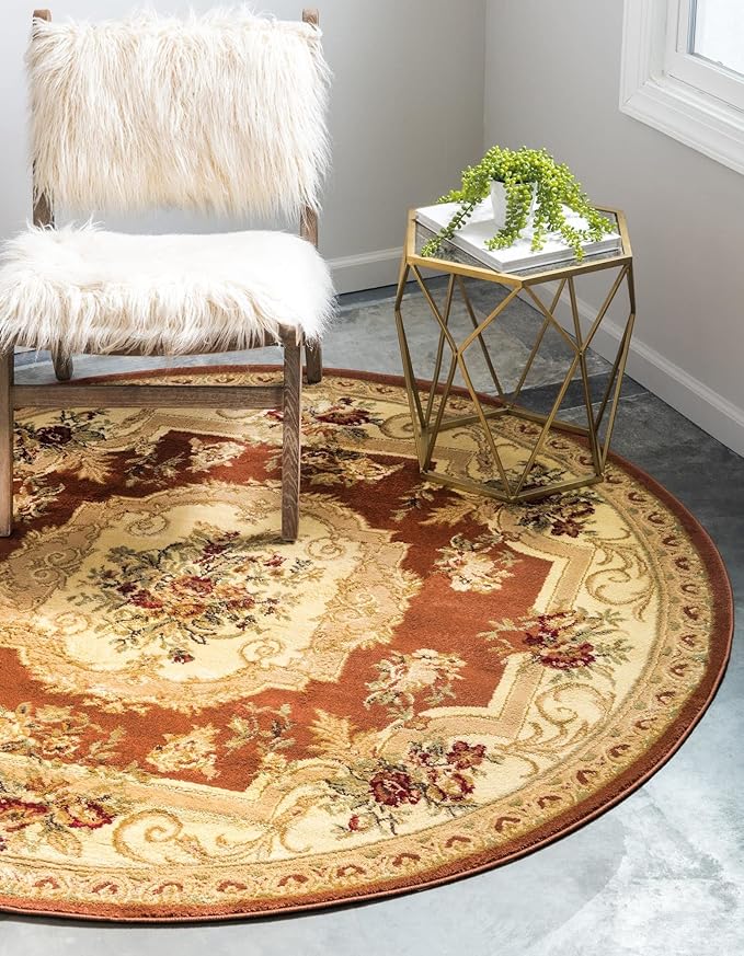 Rugs.com Chateau Collection Rug – 6 Ft Round Brick Red Medium Rug Perfect for Kitchens, Dining Rooms