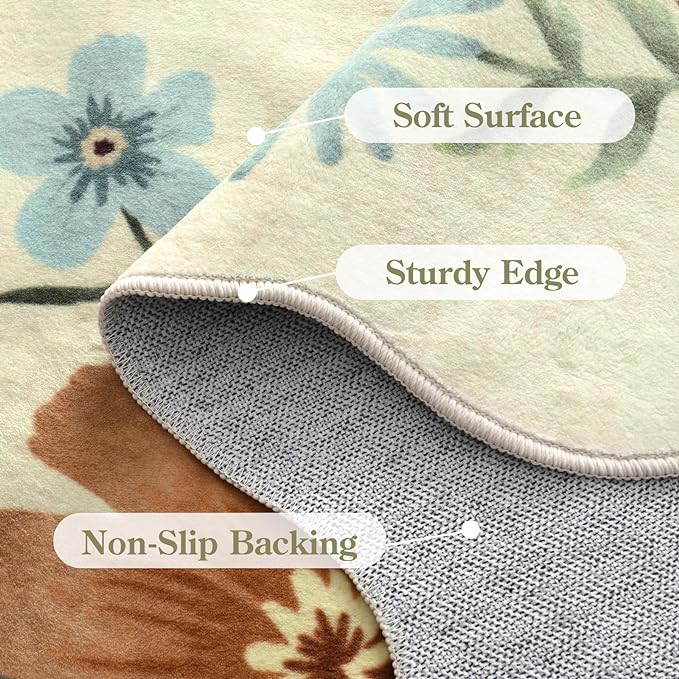 Lahome Floral Round Area Rugs, Washable Small Round Rug 3ft Non-Slip, Soft Boho Ultra-Thin Circle Carpet for Bedroom Entryway Kitchen Laundry Bathroom, Beige