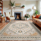 5x7 Grey Beige Area Rug for Living Room, Machine Washable Rugs with Non-Slip Backing for Bedroom, Vintage Medallion Carpet Dining Room Office Kids Room Decor