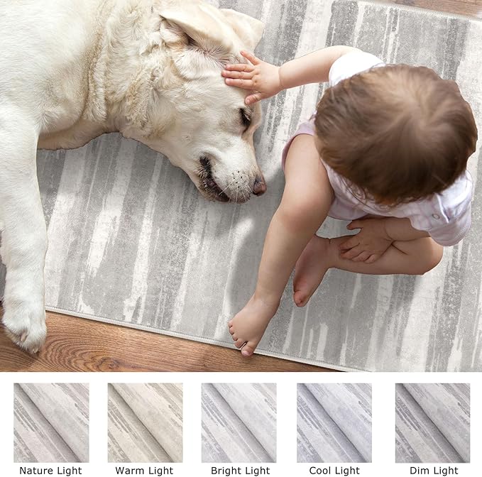 Modern Abstract Runner Rug 2x5, Neutral Light Beige and Grey Washable Entryway Kitchen Non-Slip Soft Hallway Runner Thin Print Faux Wool Carpet for Bedroom Laundry Room Indoor