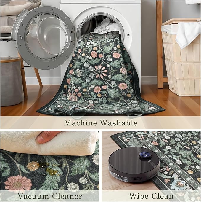 3x5 Washable Area Rug Floral Dark Green Entryway Small Rug Vintage Forest Low Pile Non Slip Stain Resistance Soft Carpet for Kitchen, Bedroom Beside, Laundry Room, Office Rug, Kids Room, Nursery Room
