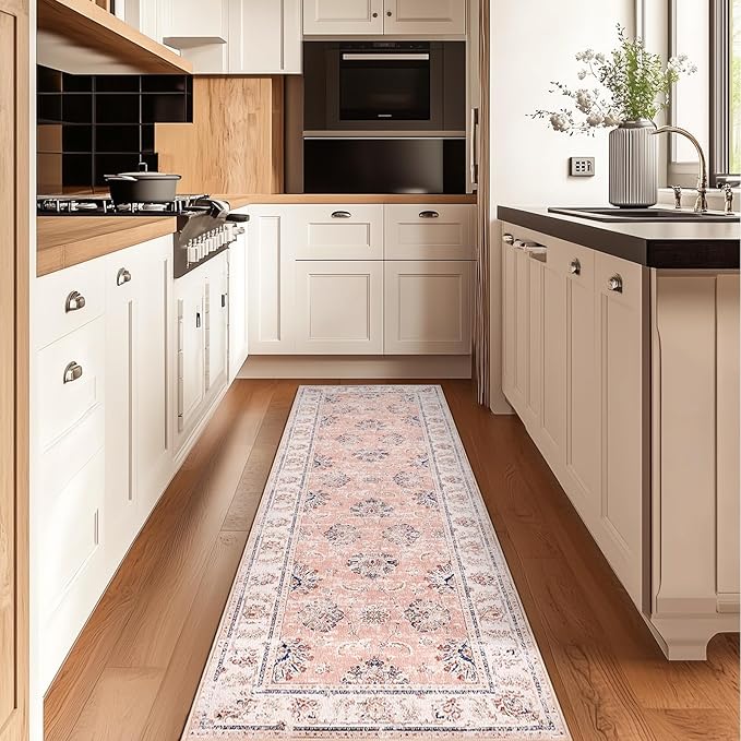 jinchan Fiora Long Hallway Runner Rug 2x12 Machine Washable Runner Rug Pink Vintage Floral Design Non-Slip Ultra-Thin for Kitchen Laundry Room Bedroom Farmhouse (2‘x12', Pink)