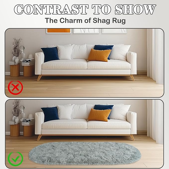 Soft Fluffy Area Rug for Bedroom, Fuzzy Shaggy Oval Throw Rugs for Bedside, Non-Slip Cozy Plush Shag Carpet for Kids Room Nursery Dorm Living Room, Grey, 2.6 x 5.3 Feet, 2 Packs