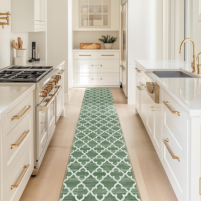 Area Rug 2x8, Moroccan Trellis Print Carpet, Machine Washable Non-Slip Rugs for Living Room, Bedroom, Dining Room & Entryway, Green