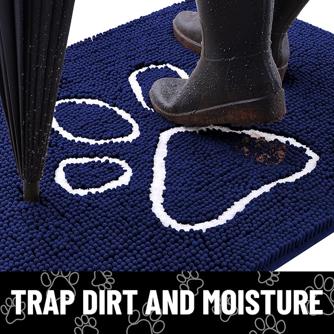 Smiry Dog Door Mat for Muddy Paws, Absorbent Dirt Trapper Non Slip Quick Dry Washable Chenille Mat for Mud Dogs, Entry Rug for Indoor and Outdoor (70x24 Inches, Navy Blue and White)