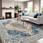 Large Area Rugs 8x10, Low Pile Washable Rugs, Soft Vintage Distressed Rugs for Living Room Bedroom, Office, Dining Room, Water Repellent & Non Shedding, Blue and Orange