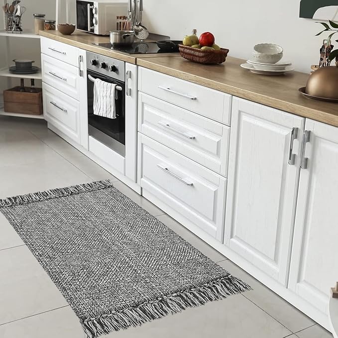Collive Boho Small Bathroom Rug, 2' x 3' Hand-Woven Kitchen Rugs, Grey Cotton Reversible Washable Modern Farmhouse Carpet for Foyer Bathroom Bedroom Back Door
