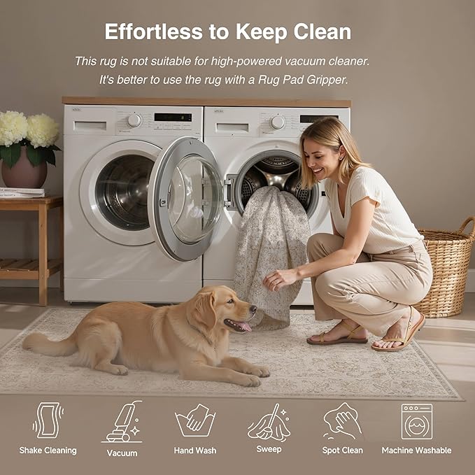HUGEAR 3x5 Machine Washable Area Rugs Vintage Grey - Neutral Non Slip Stain Resistant Low Pile Aesthetic Throw Carpet Kids & Pet Friendly for Living Room Kitchen Dining Room Laundry