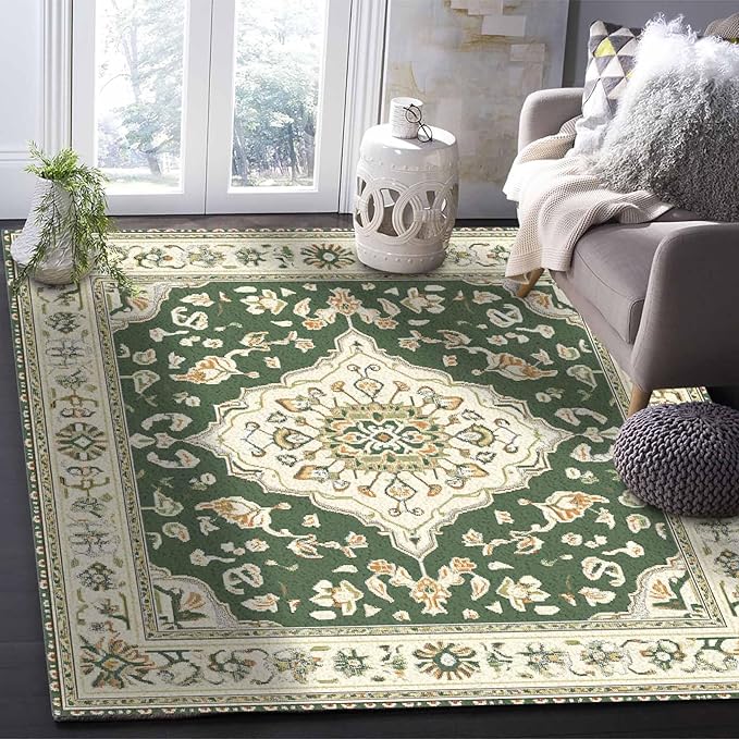 Green Bohemian Rectangular Area Rugs for Living Room Bedroom 2.8 x 5 ft Vintage Farmhouse Floral Pattern Non-Shedding Soft Low Pile Rug Non Slip Washable Rug for Nursery Entryway Playroom