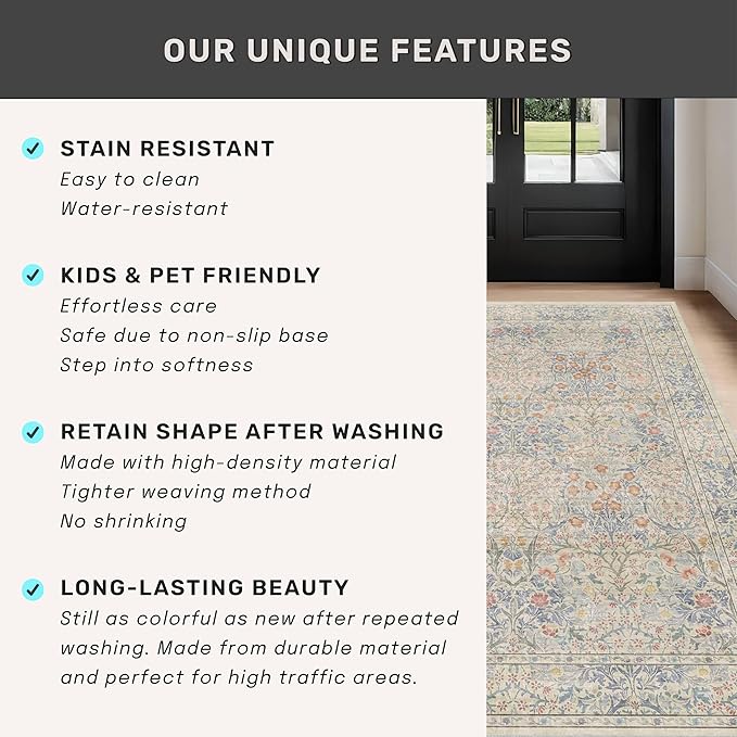 Washable Bathroom Rugs, Non-Slip Small Throw Rug for Entryway, Front Door Indoor, Mudroom, Kitchen, Powder Room, Stain Resistant Vintage Floral Décor (2x3 Beige Blue)