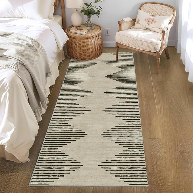 HelloTree Hallway Runner Rug，2x6 Moroccan Modern Stripe Carpet Washable Machine Bathroom Runner Bohemian Design Modern Soft Non Slip Indoor Rug for Entryway Hallway Laundry Room Bedroom-Cream