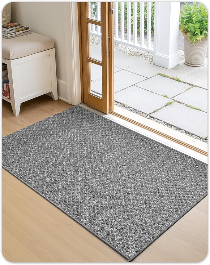 Color&Geometry Small Ultra Thin Indoor Door Mat Non Slip Rubber Backed Dirt Trapper 17"x30"(Rolled-up NO Creases), Rugs for Entryway, Front Door Mat Indoor Washable Low-Profile Entry Mat, Light Grey