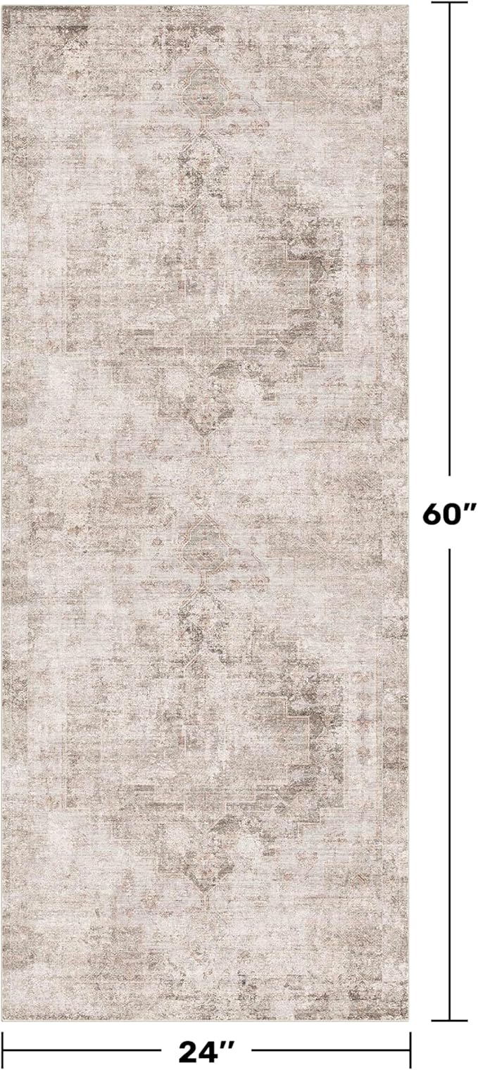 Washable Non Slip Stain Resistant 2x5 Runner Rug for Bathroom, Kitchen, Laundry Room, Bedroom Beside Bed, Unique Tan Distressed Abstract Eclectic Runner Décor, Beige Brown