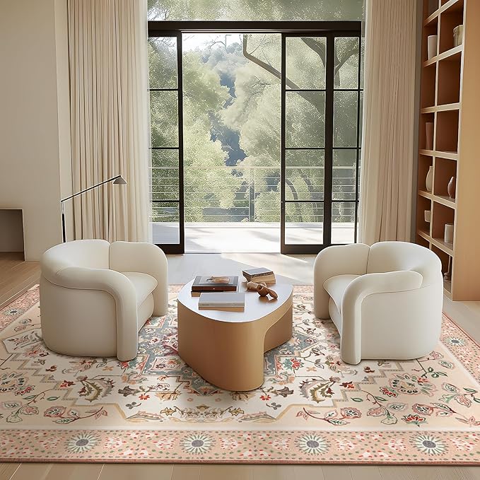 Phantoscope Washable Area Rug 4'x6' Non-Slip, Vintage Boho Rugs for Living Room, Bedroom, Dining Room, Persian Floral Medallion Pattern, Low-Pile Foldable Floor Carpet, Ivory Rose/Fall Bloom
