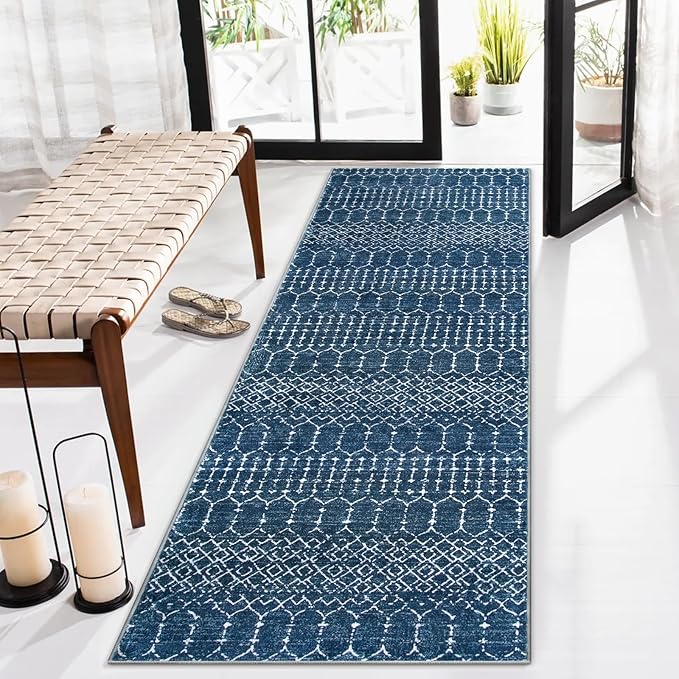 Lahome Moroccan 2x5 Washable Blue Runner Rug, Non-Slip Low-Pile Stain Resistant Kitchen Rugs, Geometric Soft Bathroom Runner Carpet for Entrance Bedroom Laundry (Blue,2'x5')
