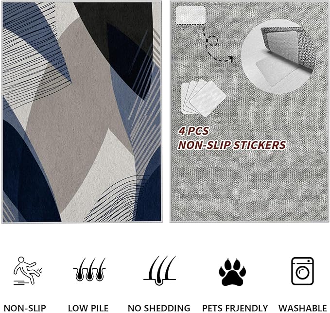 Abstract Art Line Living Room Area Rugs 4x5, Modern Boho Geometric Print Soft Rug, Minimalist Washable Non Slip Neutral Carpet for Bedroom, Dining Room Office Playroom, Navy Blue Gray
