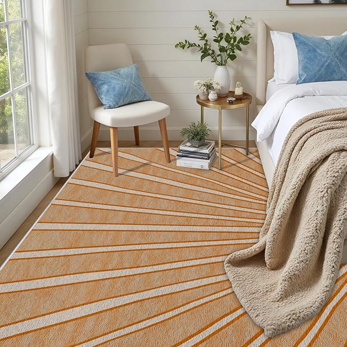 Boho Sun Print Area Rug for Living Room 5x6, Modern Abstract Non-Slip Washable Rugs, Soft Stripe Minimalism Carpet for Bedroom, Nursery, Entryway, Dining Room & Office Decor, Orange White