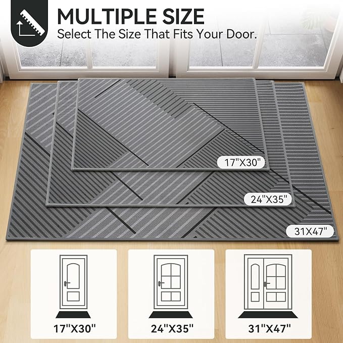 Front Door Mat 24''x35'', Non Slip Absorbent Muddy Dirt Resist Washable Low-Profile Indoor Doormat, Welcome Entryway Door Mats, Grey