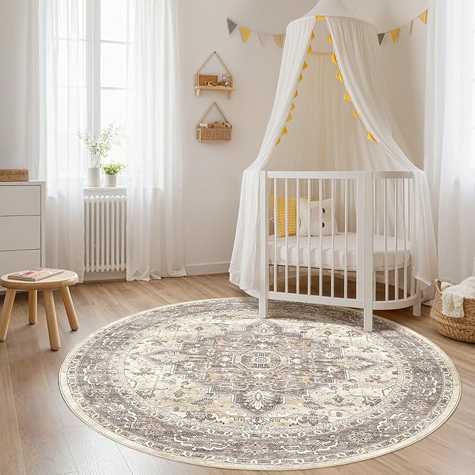 Round Rug Living Room Rugs: 10x10 Washable Boho Neutral Large Circle Soft Indoor Floral Stain Resistant Floor Farmhouse Carpet for Bedroom Nursery Kids Playroom Office Dining Room- Beige Brown
