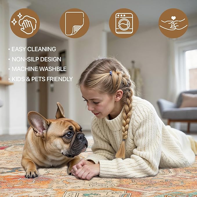 Bavni Washable Rug 8x10 Area Rug for Living Room Bedroom Dining, Washable Vintage Print Carpet, Ultra-Thin Chenille Low Pile Lightweight Rug with Non Slip Backing, Retro Multi