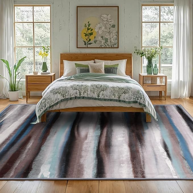 4x6 Abstract Rug for Entryway, Modern Stripe Washable Indoor Entry Way Area Rugs, Soft Non-Slip Door Mat Floor Carpet for Dining Room Kitchen Bedroom - Blue/Brown/Multi