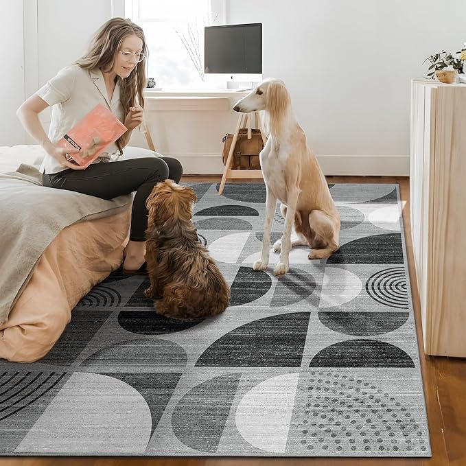 MUJOO Washable Rug 8x10,Large Area Rugs for Living Room Bedroom Dining Room,Boho Throw Floor Carpet Non Slip Soft Modern Abstract Black and Grey