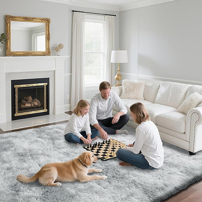 Fluffy Rug Shaggy Area Rug, Mottling Grey 9x12 Area Rugs for Living Room, Large Shag Area Rugs for Bedroom Kids Room Home Decor, Upgrade Anti-Skid Rectangular Fuzzy Rugs