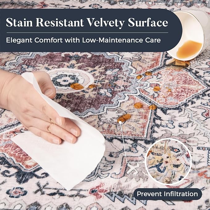 PURRUGS Vintage Farmhouse Boho Runner Rug 2'6" x 6', Non-Slip Machine Washable Rug, Accent Area Rug for Kitchen, Hallway, Entryway, Bedroom, Living Room and Dining Room, Coral Red/Marine Blue