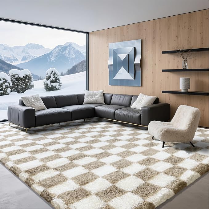 8x10 Area Rugs for Living Room Bedroom, Soft Fluffy Shaggy Bedside Rug, Indoor Floor Carpet for Kids Playroom, Dorms, Nursery Rooms, Home Decor (Camel & White 8'x10')