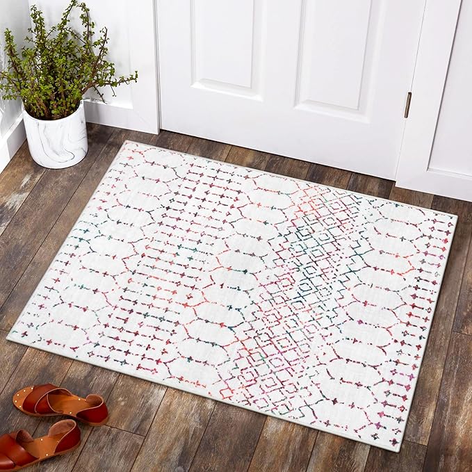 Lahome Moroccan Indoor Door Mats for Entryway 2x3 Area Rug Non-Slip Backing Washable Rug for Kitchen Low-Profile Throw Soft Bath Rug, Colorful Print Distressed Front Door Rugs for Entrance Bedside