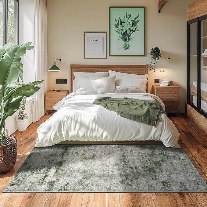 jinchan Green 4x6 Area Rugs - Machine Washable Vintage Floral Distressed Design Soft Ultra-Thin Low-Pile Non-Slip Carpet for Bedroom Living Room Dining Room Nursery (4x6ft, Forest Green)