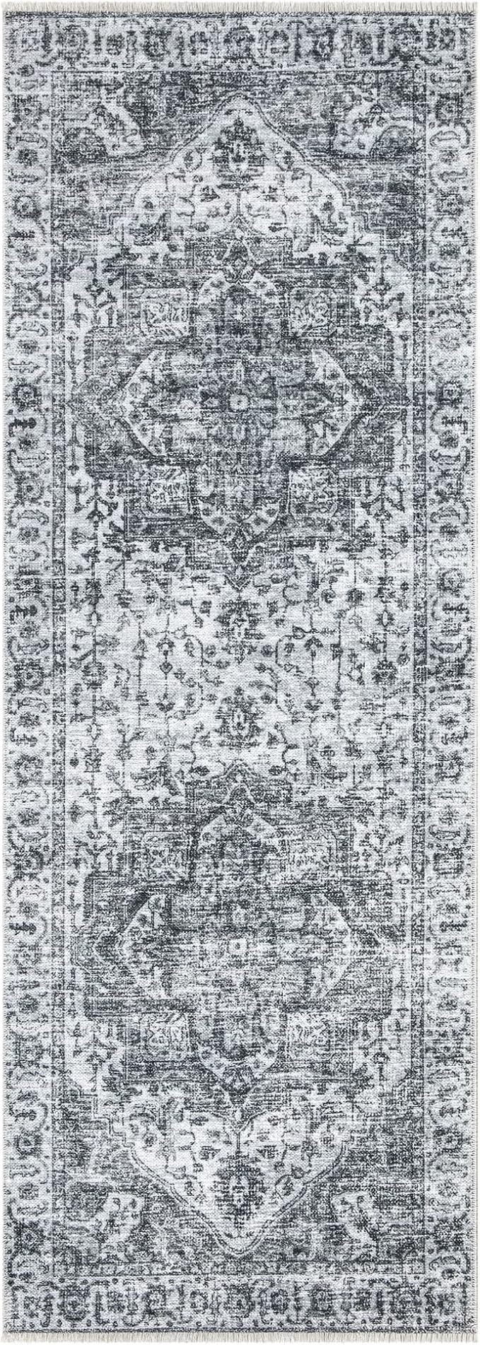 Bloom Rugs Caria Washable Non-Slip 10 ft Runner - Silver/Dark Gray Traditional Runner for Entryway, Hallway, Bathroom, and Kitchen - Exact Size: 2'6" x 10'