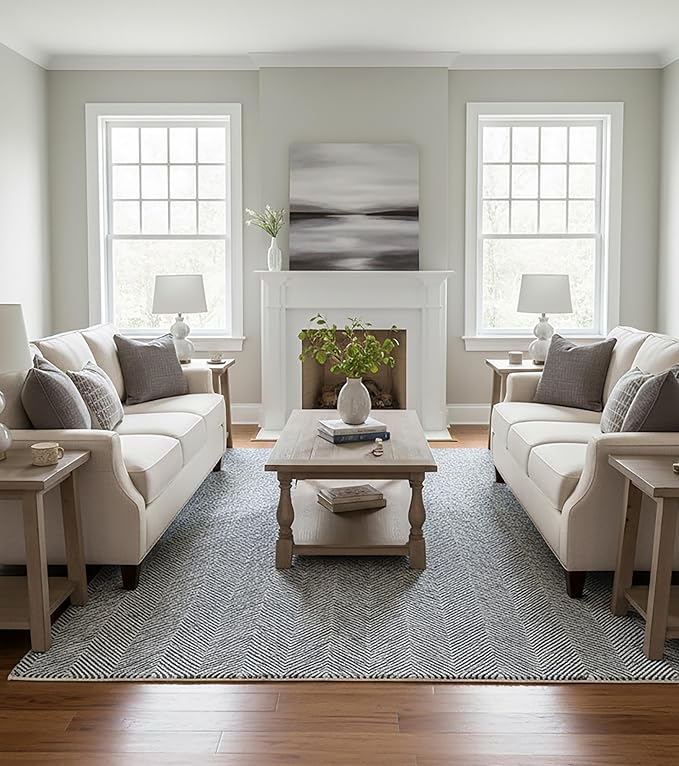 Modern Herringbone Chevron Collection Handcrafted Wool Area Rug - Durable, Zigzag Pattern, for High Traffic, Contemporary Design for Living Room, Bedroom, Dining Room Decor (Denim Blue, 6' x 9')